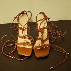 Anne Michelle Tan Braided Lace-Up Square Toe Stiletto Heels